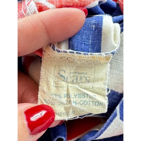 Vintage 70s pillowcase, blue red geometric groovy pattern, Sears single casing - Picture 7 of 9